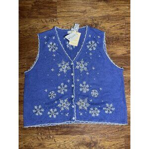 Vintage Plus Size Blue Snowflake Vest 22/24W Sequins Beads Winter Holiday NEW